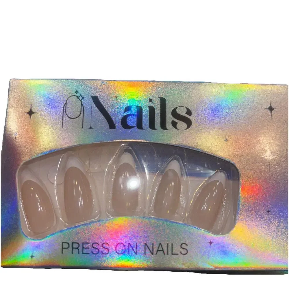 Press on Nails Medium Almond Shape Fake Nails Light Flesh Tone White Tip